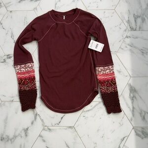 NWT Free People Small Burgundy Long Sleeve Top with Fair Isle Patterned Sleeves